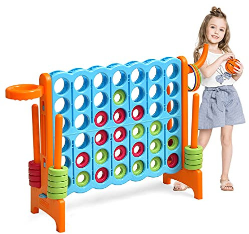 COSTWAY Riesiges 4 Gewinnt Spielset mit Basketballkorb und Wurfspiel, inkl. 42 Jumbo Ringen und Schieberegler zum schnellen Neustart, Vier in Einer Reihe Spiel groß (Blau + Orange)