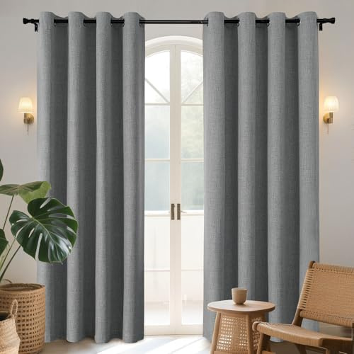 Joydeco Grey CurtainsBlackout Curtains for Bedroom, Light Grey 90 Inch Curtains for Bedroom, Linen Room Darkening Burlap Grommet Textured Curtains&Drapes (52x90 inch, Light Grey)