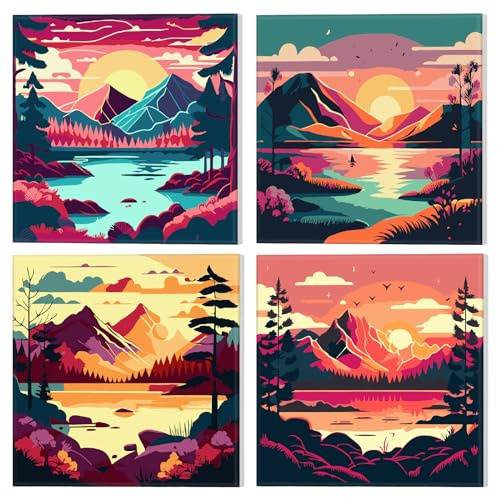NAIMOER Framed Paint by Numbers for Kids, 4Pack Landscape Paint by Numbers Canvas for Kids Adults, Kids' Paint by Number Kits, DIY Acrylic Cartoon Oil Painting with Wooden Easel (8x8inch)