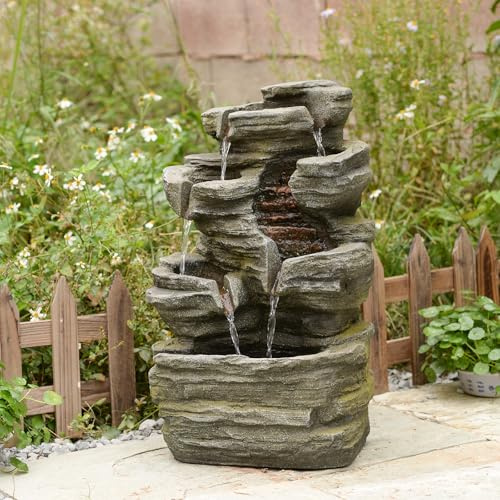 Bumilgar 6-Tier Cascading Rock Water Fountain Outdoor Garden Waterfall Decor for Garden, Patio, Backyard, Deck, Porch and Home Art Decor,24.4 H Outdoor Fountain with Lights