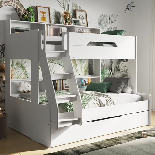 Flair Furnishings Triple Bunk Beds for Kids, Trundle Bed, Heavy Duty and Sturdy, Cosy, Stylish, Space-Saving Design (White)