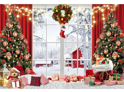 MIRRORANG 2,2x1,5m Toile de Fond de noël Hiver Rideaux Rouges fenêtre Blanche Arbre de noël Couronne Photographie arrière-Plans Veille Vacances fête de Famille bannière, Vinyle