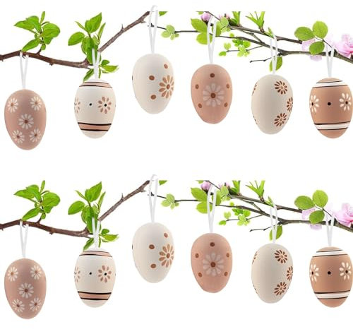 Zkaoai Ostereier zum Aufhängen, 12 Stück Osterdeko mit Tollen, Deko Ostereier mit Schnur zum Aufhängen, Plastik Ostereier Deko, Dekorative Eier Osterdekoration, Ostereier für Innen und Außen Osterdeko