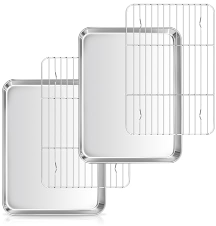 Herogo Set de plaques de cuisson avec grille de refroidissement, plaque à gâteau en acier inoxydable avec grille à gâteau (2 plaques de cuisson, 2 grilles de refroidissement), mini rectangulaire