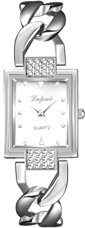 JewelryWe Reloj Analógico Cuarzo Mujer: Relojes Cuadrados Diamantes de Imitación Plata para Señora Correa de Aleación Extraíble - para Ocio Negocios Regalos