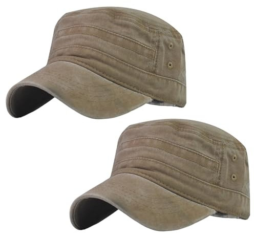 FUIPVGI 2 Pezzi Cappello Militare Army Cappellino, Vintage in Denim Lavato Berretto Piatto in Cotone Berretto, Cappello Visiera Cappello Baseball Unisex per Ambientazione Esterna, Sport, Viaggi(Cachi)