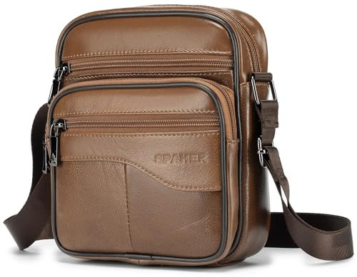 SPAHER Herren Tasche Leder Umhängetaschen Herren Handtaschen Ledertasche Herren Klein Leder Handgelenktasche Messenger Tasche Herren schultertasche Geschenk für Männer Braun