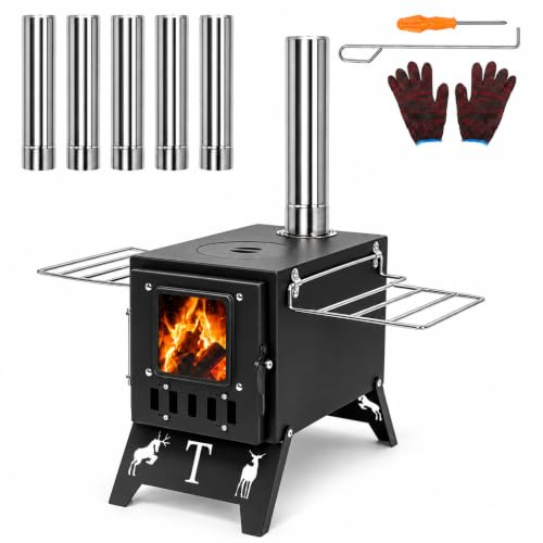 GFTIME Tältugn 53 x 30 cm bärbar campingugn med 5 skorsten och vikbara ben för camping, trädgård, utomhusugn, kök, trädgårdsugn, vedugn med 1 par handskar, campingtillbehör