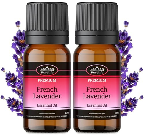 Essican Purelife Premium Pure Lavender Essential Oils 10 ml x 2, Aromatherapy Essential Oils for Candle Making, Soap & Bath - Haircare & Skincare - French Lavender for Sleep in Amber Bottle