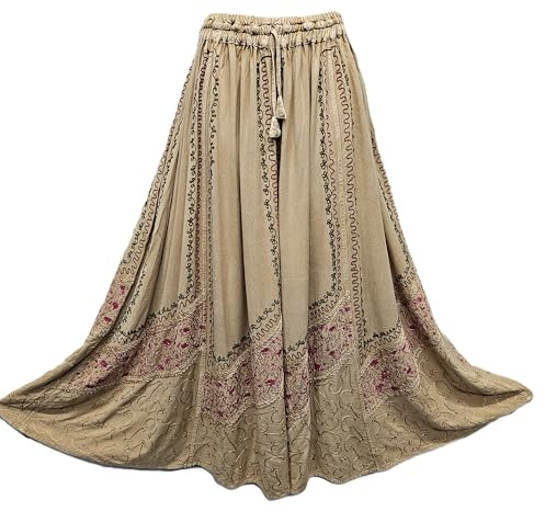 Doorwaytofashion dam viskos maxikjol, utsvängd med sidfickor, elastiskt midjeband, dragsko, broderad, en storlek passar UK 12-22, Beige blomma, En Storlek