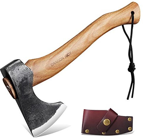 DRAGON RIOT Beil Axt Camping mit Scheide, Handgeschmiedet Axt Holz Spalten 33cm Handbeil Scharfe Outdoor Beil Klein mit Holzgriff, Wikinger Äxte für Vatertagsgeschenk