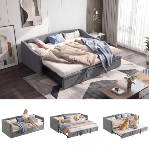 Dagsäng, utdragbar bäddsoffa, 90/180 x 200 cm med ribbotten, utdragbar säng på samma höjd, utdragbar säng för dubbelsäng, multifunktionssäng för 2 vuxna, sammetstyg, utan madrass (grå-C)
