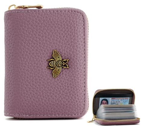 WOZEAH Leather Credit Card Holder for Women Wallet RFID Blocking Zipper Wallet Card Case Business（Purple）