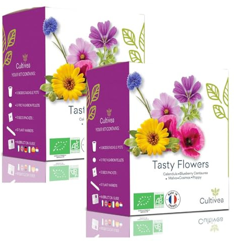 CULTIVEA® 2 x Mini Kit Prêt à Pousser Fleurs Comestibles – Graines Françaises 100% Écologiques et Biologiques - Jardinez et dégustez - Idée Cadeau (Calendula, Bleuet, Malva, Cosmos, Coquelicot)