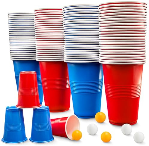 Bellanova Set da 100 Bicchieri Gioco da Festa 500 ml con 10 Palline da Ping-Pong, Bicchieri Rossi e Blu Riutilizzabili, Adatti a Giochi di Squadra, Feste, Campeggio e Bevande (50 rossi + 50 blu)