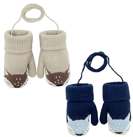CATMEYE 2 Pares manoplas de bebé de invierno tejidas, diseño de zorro bonito, forro polar suave y esponjoso, guantes cálidos para niñas y niños, talla 0–3 años (2 Colores)
