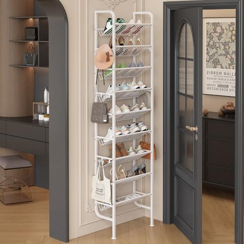 Ornestia Étagère à Chaussures pour Porte, 9 Niveaux Métallique DerrièRe Porte, ModèLe Ouvert avec 12 Crochets - Garde-Manger, Couloir, Salon (Blanc, 45,4 x 20 x 175 cm)