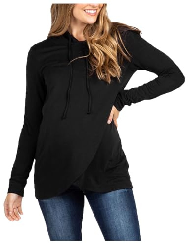 Camiseta de maternidad para mujer, con dobladillo irregular, informal, manga larga, cuello redondo, sudadera básica con capucha para lactancia materna, Negro , M