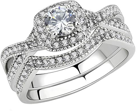FlameReflection Stainless Steel Rings for Women Infinity Wedding Set Round CZ Cubic Zirconia Halo Engagement Bridal Jewelry Set Size 5