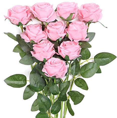 JUSTOYOU Rose Artificielle Fleurs De Soie Bouquet Home Office Arrangements De Mariage Rose Clair (10 PCS)