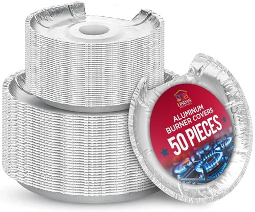 Heavy-Duty Aluminum Electric Stove Burner Covers (50 Pack) - Disposable Round Foil Liners (6 & 8 Inch), Non-Stick Drip Pan Protectors, Stove Top Covers, Great Kitchen Accessory for Easy Cleanup