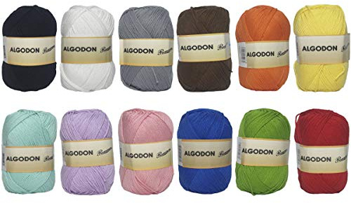 Hilo Ovillo de Algodón Premium 100% Algodón perfecto para DIY y tejer a mano (Pack de 12 Colores surtidos 100 g, aprox. 220 metros)