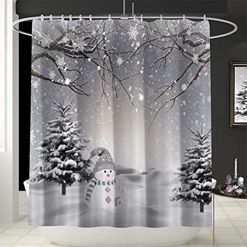 GOOESING Winter Christmas Shower Curtain, Cute Snowman Snowflake Scene Shower Curtains for Bathroom, Pine Tree Covered Snow Fabric Bath Curtains Set with Hooks