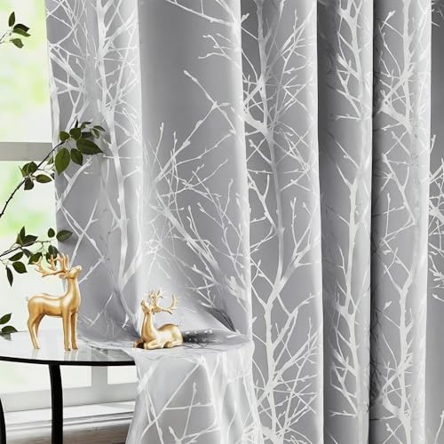 FMFUNCTEX Thermal Blackout Eyelet Curtains Bedroom 54 Inch Drop Grey Silver | Room Darkening Window Curtains 2 Panels Living Room, Metallic Sliver Foil Branch Pattern Drapes, Noise Reducing, 52W x 54L