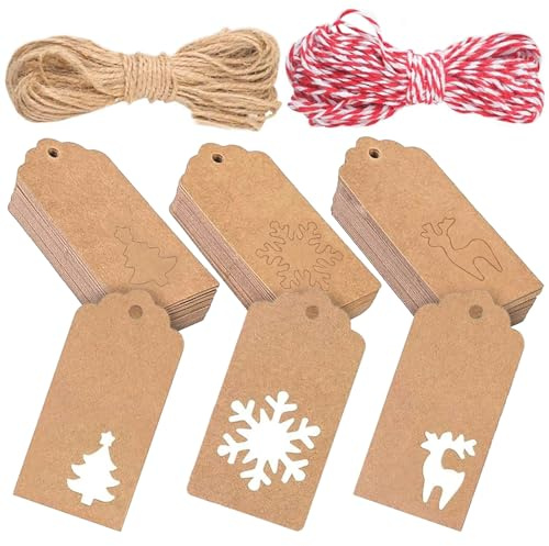 150 stycken presentetiketter jul, presentetiketter kraftpapper, presentetiketter kraftpapper, hänge med 20 m snöre för jul hantverk bröllop gåva gör-det-själv dekoration