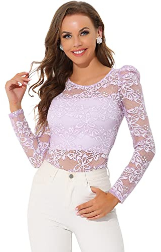 Allegra K Top da donna in pizzo semi-trasparente a maniche lunghe con ricamo a maniche lunghe, Viola chiaro, 40