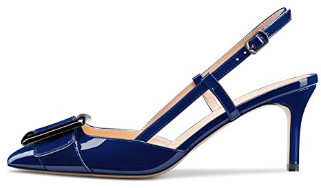 Castamere Mujer Aguja Medio Heel Puntiaguada Punta Slip-on Pumps Slingback Nudo Arco Dress de Boda Fiesta Sandalias 6.5 CM Heels Azul Marino Charol 39 EU