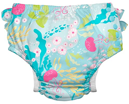 green sprouts - Eco snap Ruffled Swim Diaper with Gussets - Aqua Coral Reef - 4T (3-4 Years)