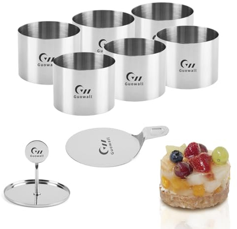 Guowall 6 Pack Seamless Cake Food Mold Cheesecake Stainless Steel Cooking Mousse Rings 3 Inch Round Pastry Cutter for Baking (Includes 6 Rings 1 Pusher and 1 Lifter)