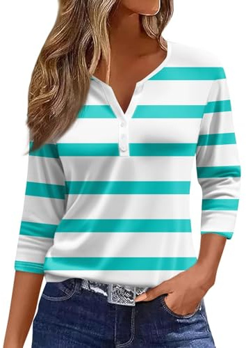 HUIFUAO T-shirts d’été à boutons pour femme, col en V, manches 3/4, haut rayé coloré, coupe ample