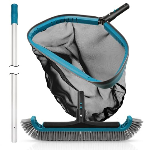 Swimming Pool Cleaning Kit - Aluminum Frame Skimmer Net with 10Ft Adjustable Pole & 17.5” Pool Brush Head, Pools Maintenance Kits for Inground & Above Ground Swimming Pools, Removes Debris