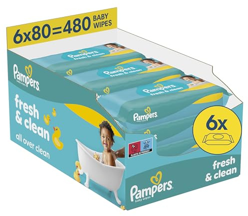 Pampers Fresh Clean Feuchttücher 6 Packungen mit 80 Stück = 480 Feuchttücher, milder Duft, auch für Hände und Gesicht geeignet