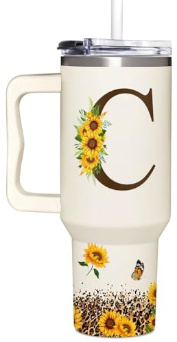 Personalized Birthday Gifts For Women - Sunflowers Monogrammed Cup For Boss Day, Christmas - Customized Gifts For Women, Mom, Wife, Coworkers, Boss Lady, Her - Custom Tumbler With Handle 40oz