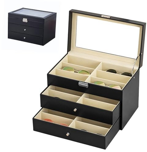 MAGIC SELECT Caja para Gafas con 18 compartimentos. Estuche de Gafas de Sol con Tapa de Cristal Transparente, Cajones y Suave Forro Interior. Caja de Polipiel.