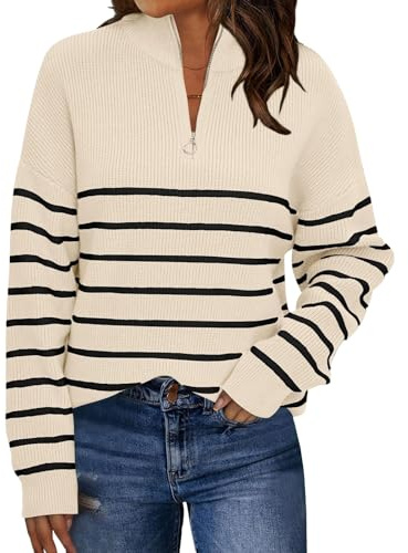 Generico Cappello Esercito Maglione a Collo a Righe da Donna, Autunno e Inverno, con Cerniera, a Maniche Lunghe, Abbinato ai Colori Felpa Donna con Zip (White, M)