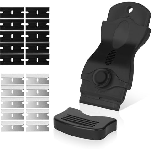 Flintronic Skrapa med ett huvud med 20 blad (10 i rostfritt stål och 10 plast), multifunktionsrengöringsset, fönsterrengöring, speglar, kakel-svart