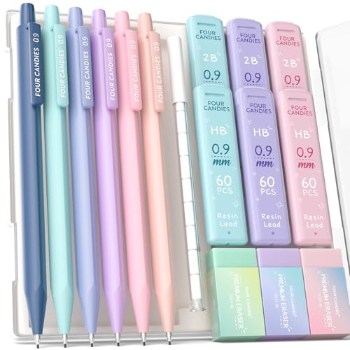 Four Candies Set di 6 portamatite adorabili con 372 matite, gomme, punta grassa da 0,9 mm, 360 ricariche (HB e 2B), 12 gomme e astuccio per scrittura e disegno