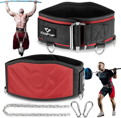COFOF 2 IN 1 Dip Gürtel, Selbstverriegelnde Sicherheitsschnalle Gewichtsgürtel mit 103cm Lange Kette und 2 Karabiner, Klimmzug Gürtel für Bodybuilding, Krafttraining, Gewichtheben (Rot, M)