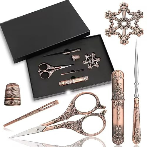 6 Stück Stickschere in Geschenkbox, Europäische Vintage Stil Nähschere Fingerhut und Metallzahnseide Spule für Nähen Handwerk (Kupfer)
