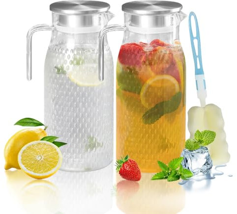 Lot de 2 carafes à eau de 1,6 l avec couvercle en acier inoxydable et poignée, carafe transparente en acrylique, carafe à eau pour réfrigérateur, facile à nettoyer (2 paquets de 1,6 l)