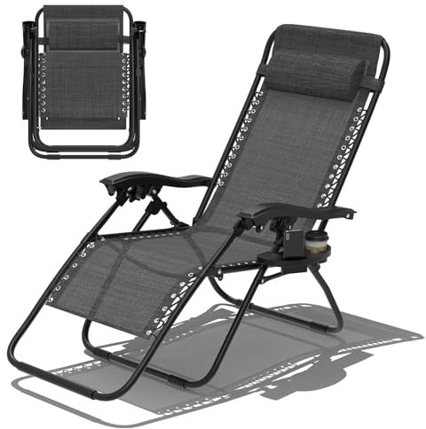 Sonnenliege,Liegestuhl Klappbar,Gartenliege,Tragbare Gartenstuhl mit Kopfkissen,Becherhalter,Verstellbarer Rückenlehne,150 kg belastbar,Tragbare Relaxliege,Klappstuhl für Outdoor Garten Terrasse