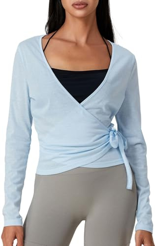 Siyova Women Long Sleeve Cross Wrap Tops Casual Slim Fitted Shirts Deep V-Neck Tie Tops Workout Pilates Ballet Yoga Gym Sports Top Cardigan (Lake Blue, S)