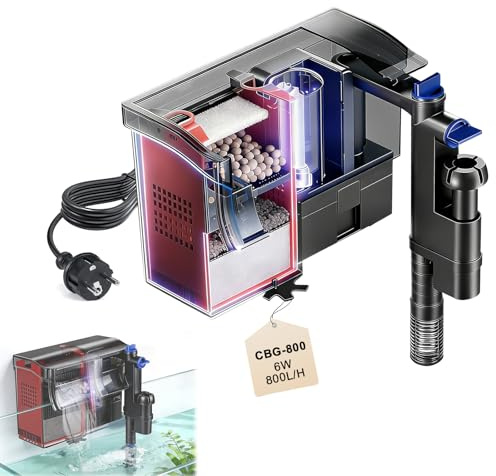 EXLECO Filtro Externo Acuario Tipo Mochila 6W 800L/H, con Lámpara UV, Skimmer y Esponja Filtrante – Ajustable, Suspendido, con Repuestos, para 75-190L Peceras y Tortugueras Tortugas de Agua