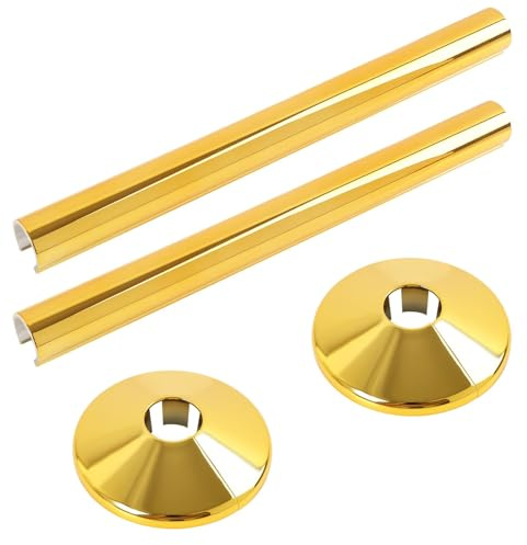 2 Pack Brushed Brass Effect Radiator Pipe Covers and Collars, 15mm Clip On Plastic Sleeves for Copper PEX PB Pipes, 200mm Cuttable Decorative Pipe Trim Kit for A Neat Professional Finish