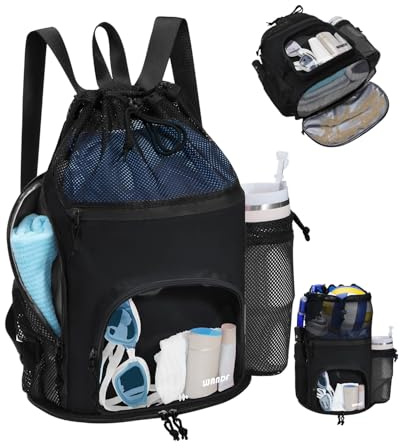 WANDF Drawstring Swim Bag, Sandproof Mesh with Wet and Dry Compartments