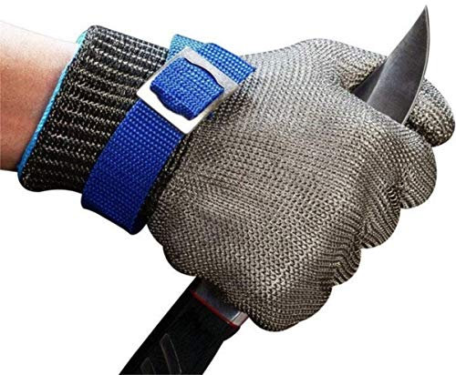 SMALLK Gants de Protection Anti-Coupures en Acier Inoxydable - Maille Métallique Résistante pour Boucher avec Gants en Tissu Blanc (L)